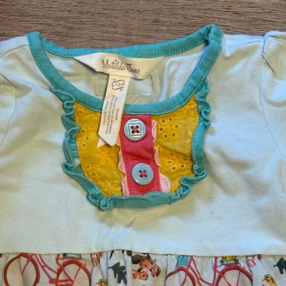 Matilda Jane 6-12 mo long pants romper snap bottom, bicycle/floral teal/yellow - Picture 3 of 6
